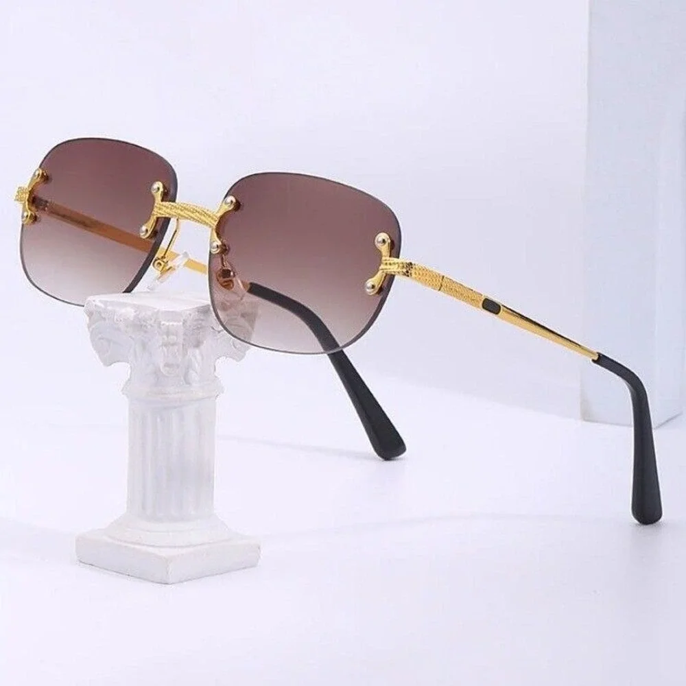 Rimless Sunglasses Men Gold Accents Brown Lens Fashion Shades Street Wear Lentes